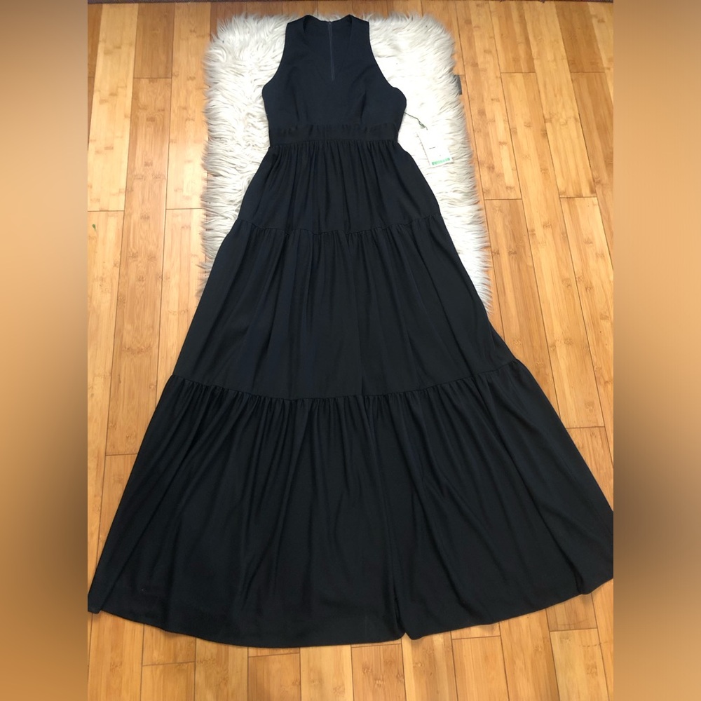 Vintage 1970s Cirette California Racerback Tiered Black Maxi Dress size 6 NWT